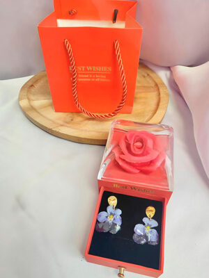 Joyas para San valentin Cajita joyero con Rosa y Pendientes de Pétalo de Pensamiento